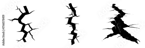 A cracked wall texture is depicted in a modern style, alongside a broken ground effect, with a realistic 3D illustration of an earthquake's impact on a cement floor, a black fracture line symbolizing