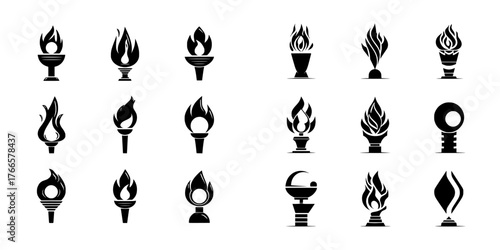 Modern burning flame torches and black shapes are set as icons isolated on a white background, including sport and flat style games, victory silhouette symbols, and collections, as well as a winner