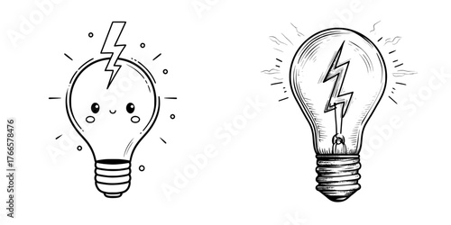 A modern light bulb with a lightning design incorporates an edited linear icon, highlighting the importance of electric light bulb ecology and the latest in modern electricity energy, as depicted by