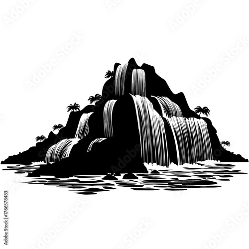 Water fall island icon, hill set, and isolated Victoria and Niagara clipart are showcased in a cartoon illustration of a waterfall cascade stream, set against a natural landscape, ideal for a fantasy