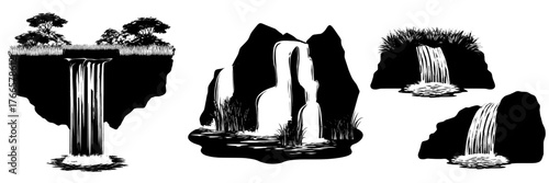 A modern cartoon illustration features rocky waterfalls isolated on a white background, depicting river water flowing down a stone cascade surrounded by green grass and tropical forest elements