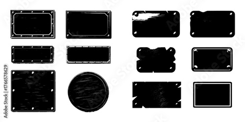 Modern realistic illustration of blank square and rectangular stainless steel frames, grungy aluminum plaques with scratches and rivets, and game ui elements set against isolated backgrounds with