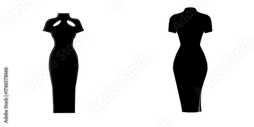 A fashion woman design style model is depicted in a technical drawing of a body-con maxi dress with cap sleeves and an asymmetric neck slit, presented as a flat sketch cad mockup with elastic