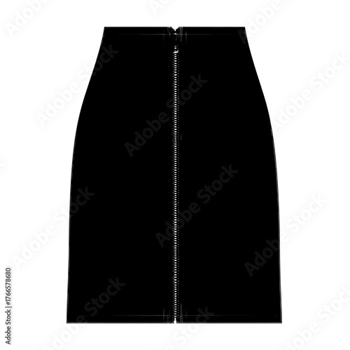 A cad mockup and flat sketch template for designing a denim or leather skirt with a darted, zippered body-con silhouette in straight midi, long, and maxi styles