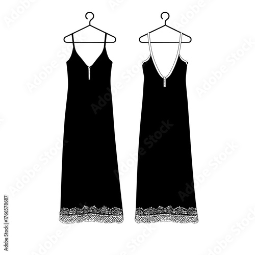 A technical illustration for fashion, showcasing a Slip Dress, or more specifically a Maxi Dress adorned with lace trim, is offered as a template with specifications such as back zip-up, strap, and