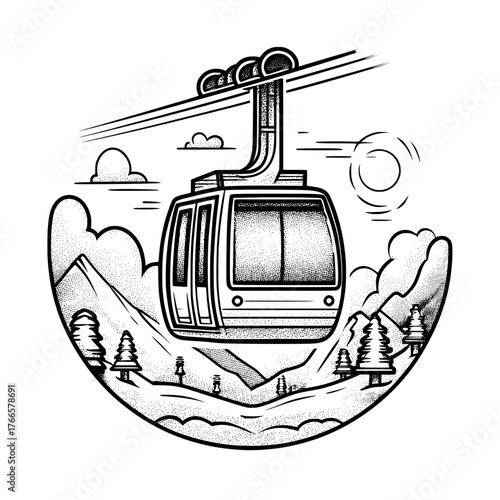 In a flat style illustration, a ski cable car represents a gondola sign business concept, presented with a modern funicular on a clean and isolated background