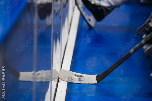 Photography Hockey match game on ice rink arena stadium, team of ice hockey professional pla