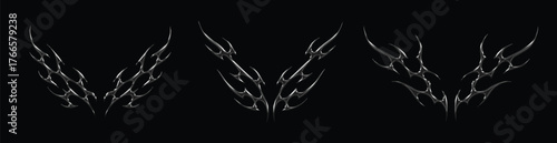 Set Chrome gothic tribal flame sigil vector art in Y2K style with liquid mercury cyber metallic finish, abstract tattoo inspiration, and futuristic illustration design for digital creativity