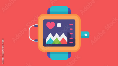 An armband pressure monitor with a vibrant coral display featuring colorful graphs tracking cardiovascular health over time.