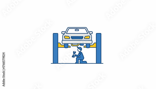 Mechanic working on an automobile lifted by a hydraulic car hoist, offering vehicle maintenance, service, and repair concepts on a transparent background