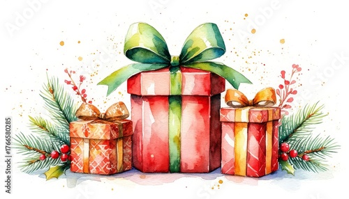 Christmas gift boxes arranged with festive pine branches and red berries, creating a watercolor illustration of holiday celebration on a clean white background sticker concept home decor and wall art