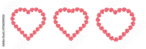 Set of three lovely red rose floral heart-shaped frames for wedding invitations, Valentine's Day, love borders, and romantic designs.