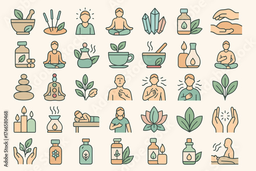 Holistic wellness and self-care icons — meditation, aromatherapy, herbal tea, essential oils, and relaxation