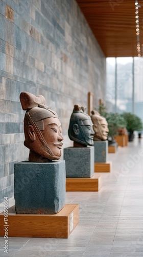 Close up of ancient terracotta warrior heads with aged textures displayed in a museum hallway with stone walls and wooden accents in soft natural lighting