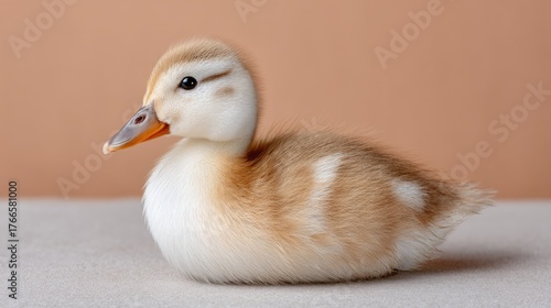 Close Up Portrait Of A Small Fluffy Brown And White Duckling With Orange Beak And Dark Eyes Sitting On A Textured Surface With A Soft Peach Colored Background