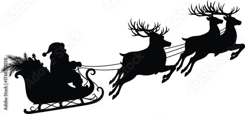 Vector art of silhouette of santa claus in sleigh with reindeer