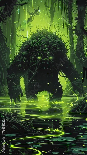 a green monster walks through the swamp.