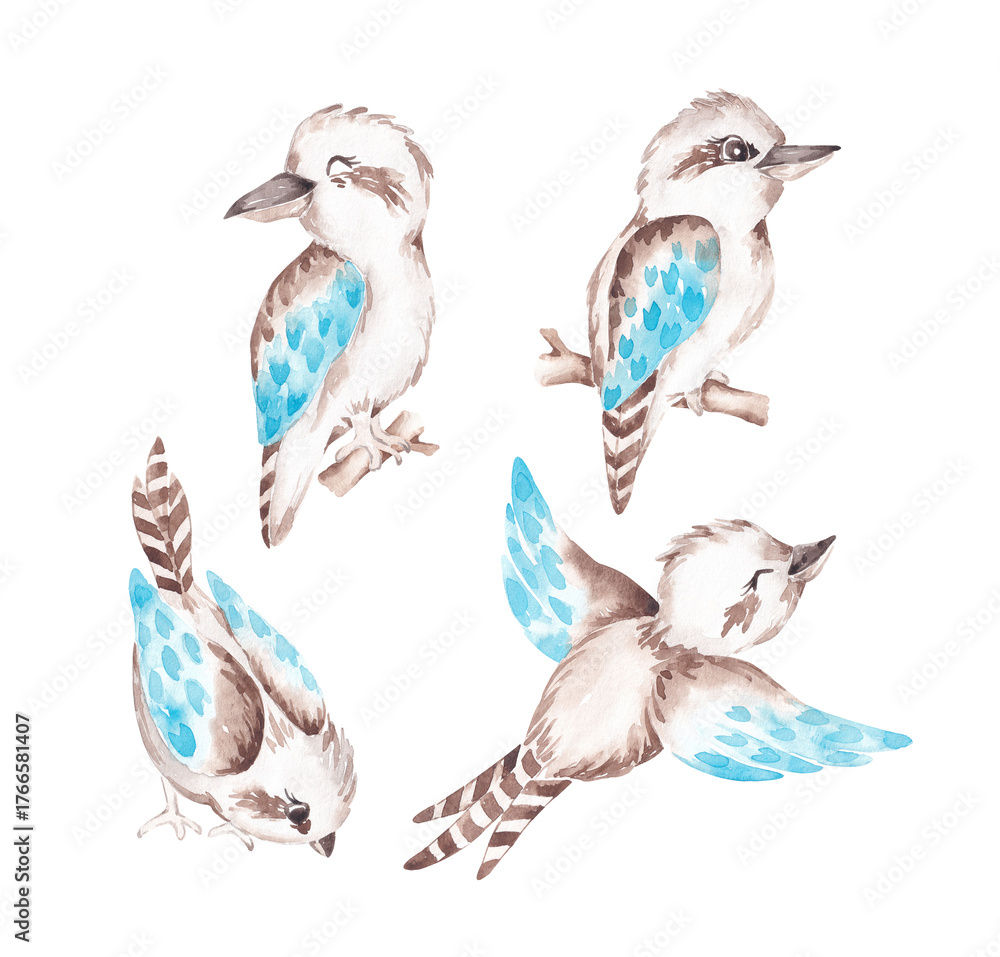Fototapeta premium Kookaburra birds set hand drawn with watercolor. Australian birds clip art. Design elements for card, invitation, banner
