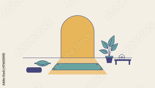 Minimalist room creating a peaceful atmosphere for wellness and mindfulness with a yoga mat, bolster, cushion, potted plant, singing bowl, and archway on a soft background