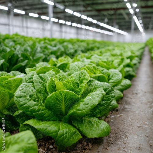 Lettuce growing in a large, well-lit greenhouse facility.
