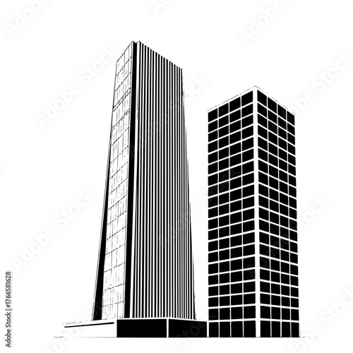 Modernist Illustration

Black-and-white modernist architectural illustration showing two skyscrapers with distinct geometries, one tall and sleek, one shorter and squared, thick vector outlines, minim