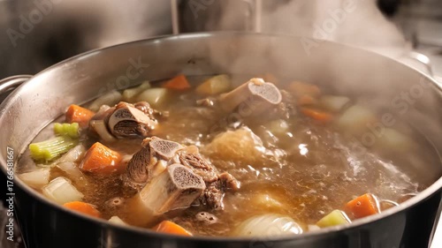 Cooking hearty beef bone broth in a large pot on the stove