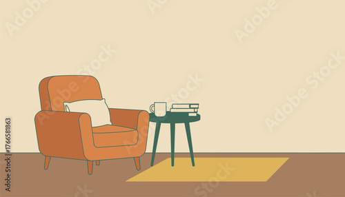 Cozy living room setup featuring an orange armchair, a pillow, a side table with stacked books, and a steaming cup, symbolizing relaxation and comfort