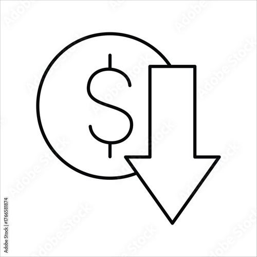 Minimalist outline illustration depicting a significant decrease in financial value or cost, symbolizing a price drop, discount, or economic downturn
