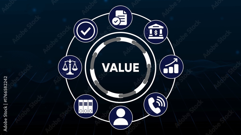 Obraz premium Circular diagram with icons representing value business concepts on dark blue background circle