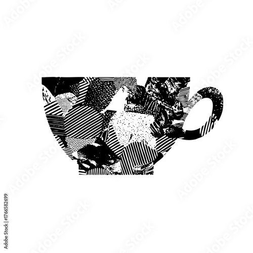 Cat sleeps inside teacup, illustration