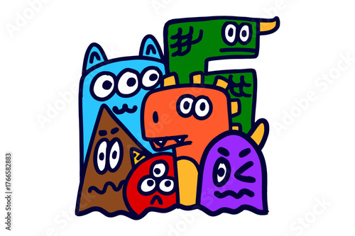Colorful Doodle Cartoon Characters Funny Monsters