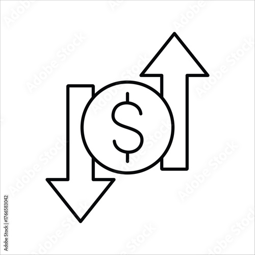 Dynamic financial market icon showcasing dollar currency with upward and downward arrows representing fluctuating economic indicators and varying price trends