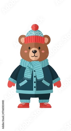 Cute cartoon bear dressed in winter clothes