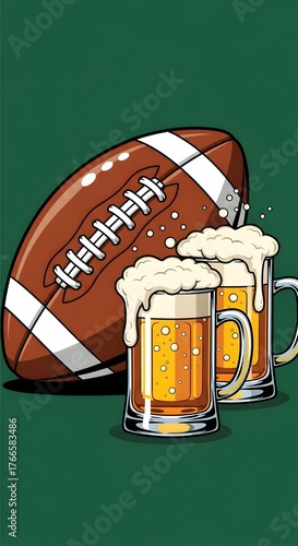 American football and two mugs of beer