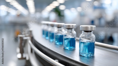 A row of clear glass vials filled with blue liquid moves along a sterile manufacturing conveyor belt