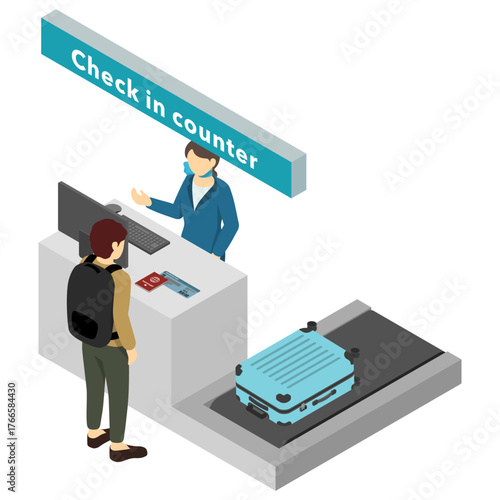 アイソメトリックイラスト：空港チェックインカウンター