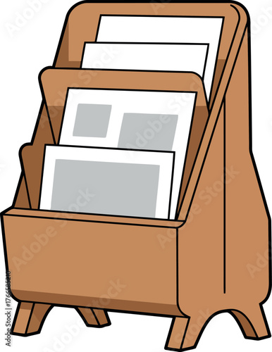 Vintage wood magazine rack with documents vector