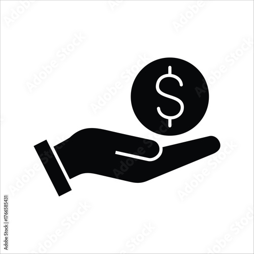 Iconic representation of a hand offering or receiving a dollar coin, symbolizing financial transactions, charity, payment, banking services, and economic exchange