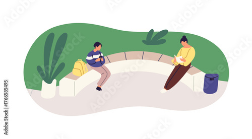 People sit on bench, have a rest while walking in urban park in summer. Characters relax on seats in nature. Woman is reading book outdoors. Flat isolated vector illustration on white background