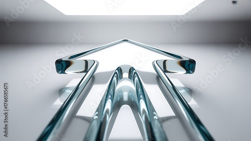 Abstract futuristic glass arrow shape pointing forward on a clean white background, isolated on white background