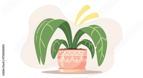 A cartoon potted plant with large green leaves and a decorative pink pot sits on a saucer.