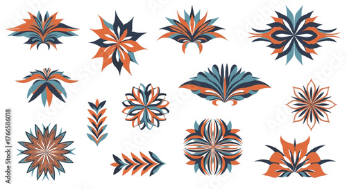 Collection of decorative floral and abstract graphic elements in a warm color palette.