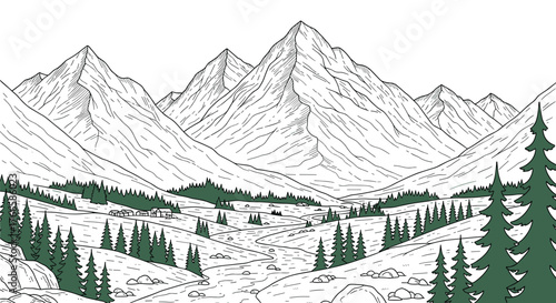 A scenic mountain valley with a winding river, scattered trees, and distant village.