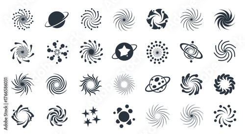Collection of celestial and abstract spiral graphic elements for space-themed designs.
