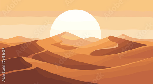 Vast desert landscape with rolling sand dunes and a large sun setting on the horizon.
