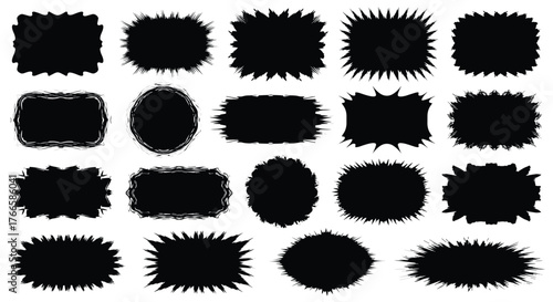 Collection of various black abstract shapes with rough, spiky, or textured borders on a white background.