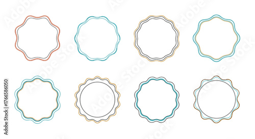 Collection of eight decorative circular frames with wavy, scalloped edges in various colors.