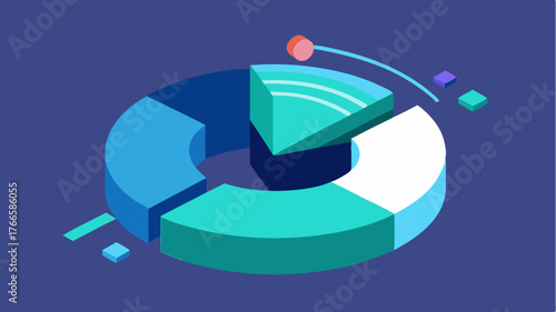 A futuristic pie chart dissects in a 3D animation with slices rotating apart to reveal underlying data points and information dynamically.