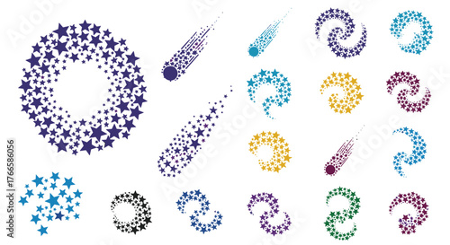Collection of celestial and abstract star-shaped graphic elements in various colors and forms.