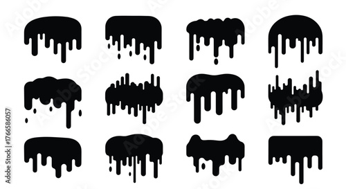 Collection of twelve black dripping paint splatter graphic elements.